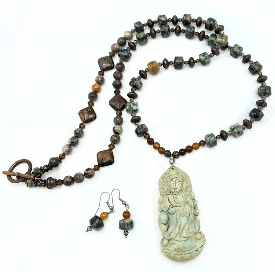 Jade Kuan Yin Necklace & Earrings Set