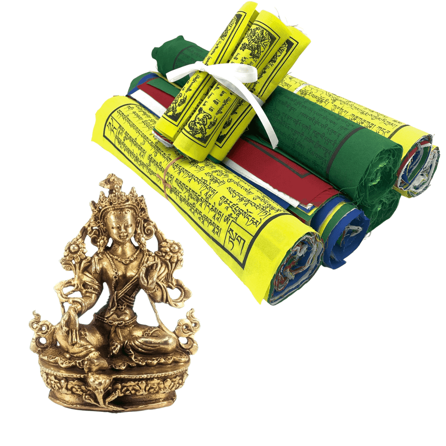 Tara Statue & Blessed Prayer Flag Bundle